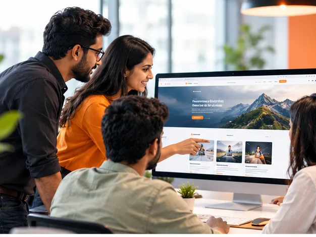 Four coworkers gather around a desktop monitor, looking at a website with a mountain hero image and content cards
