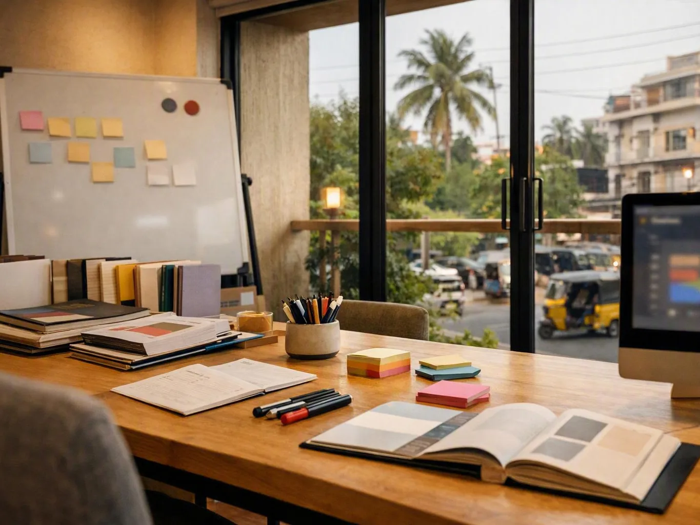 A tidy office desk holds notebooks, pens, sticky notes, and a computer beside a whiteboard and window view
