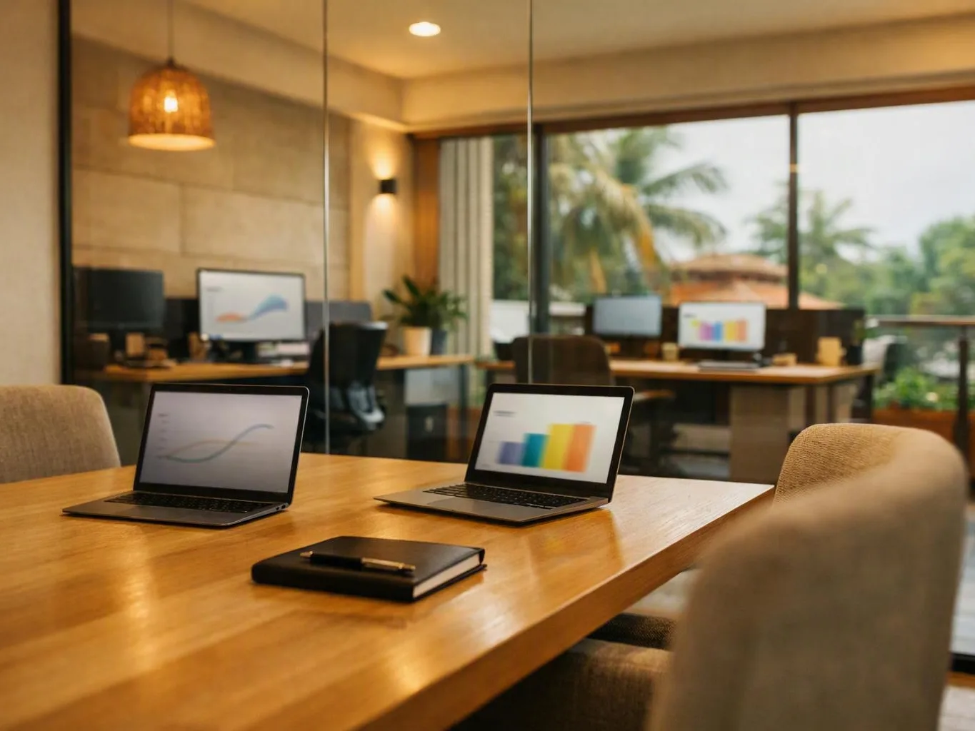 A modern meeting room shows two open laptops on a wooden table with notebooks and chairs, glass walls behind them