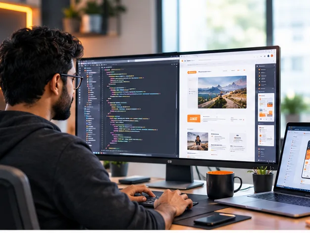 Man types at a desk while a monitor displays website code and a page mockup