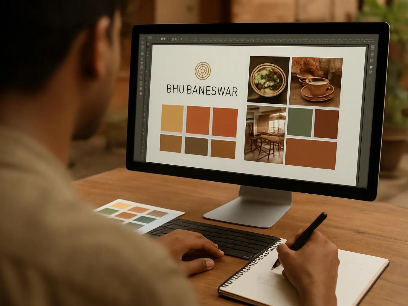 Person designs a brand board on a desktop monitor while sketching notes at a