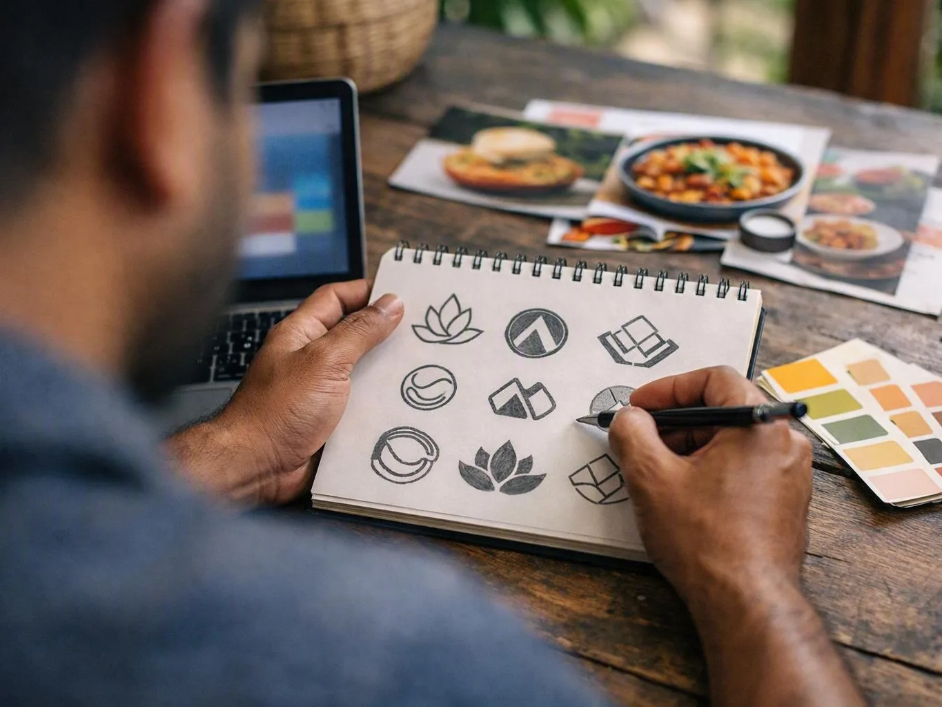 Person sketching logo symbols beside a laptop, colour swatches, and food — Can a Web Development Company Support Several Lo...