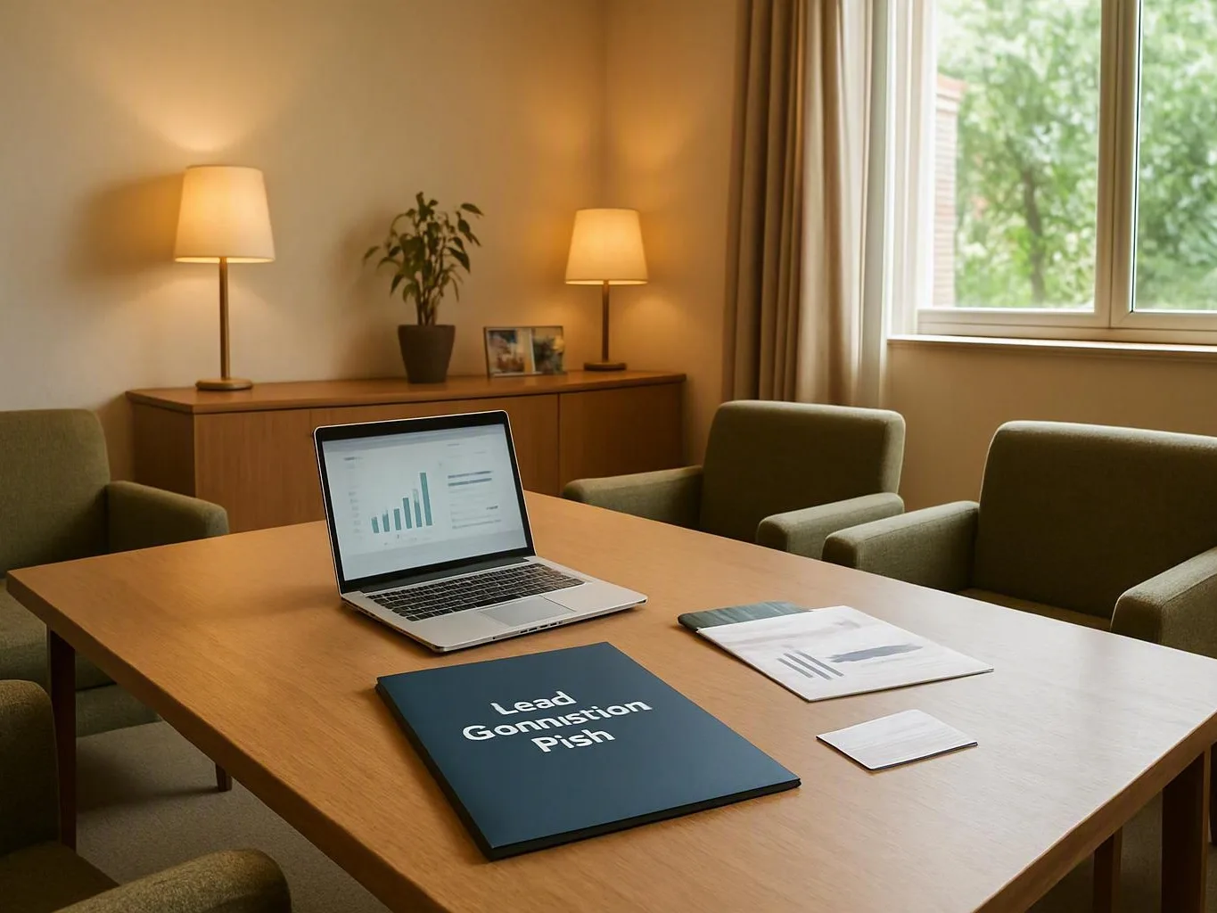 Laptop, papers, and blue folder arranged on a meeting table in a quiet office — How Does Local Customer Behaviour Affect SE...