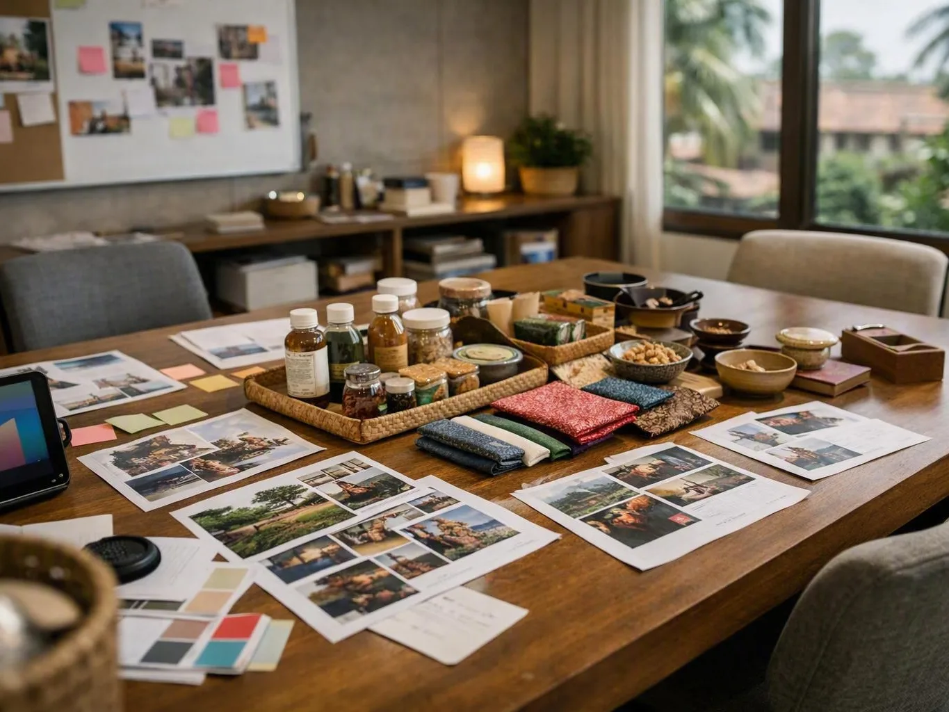 Home office table with photo layouts, fabric swatches, jars, bowls, and colour — When Should a Business Rebuild Instead of...