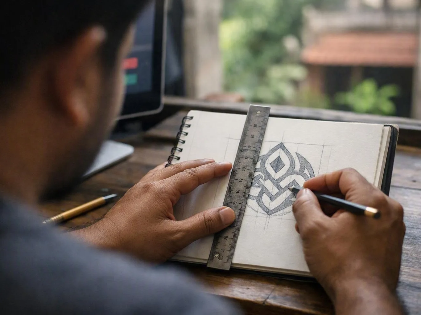 Person sketching a geometric emblem with a ruler in a notebook beside a window