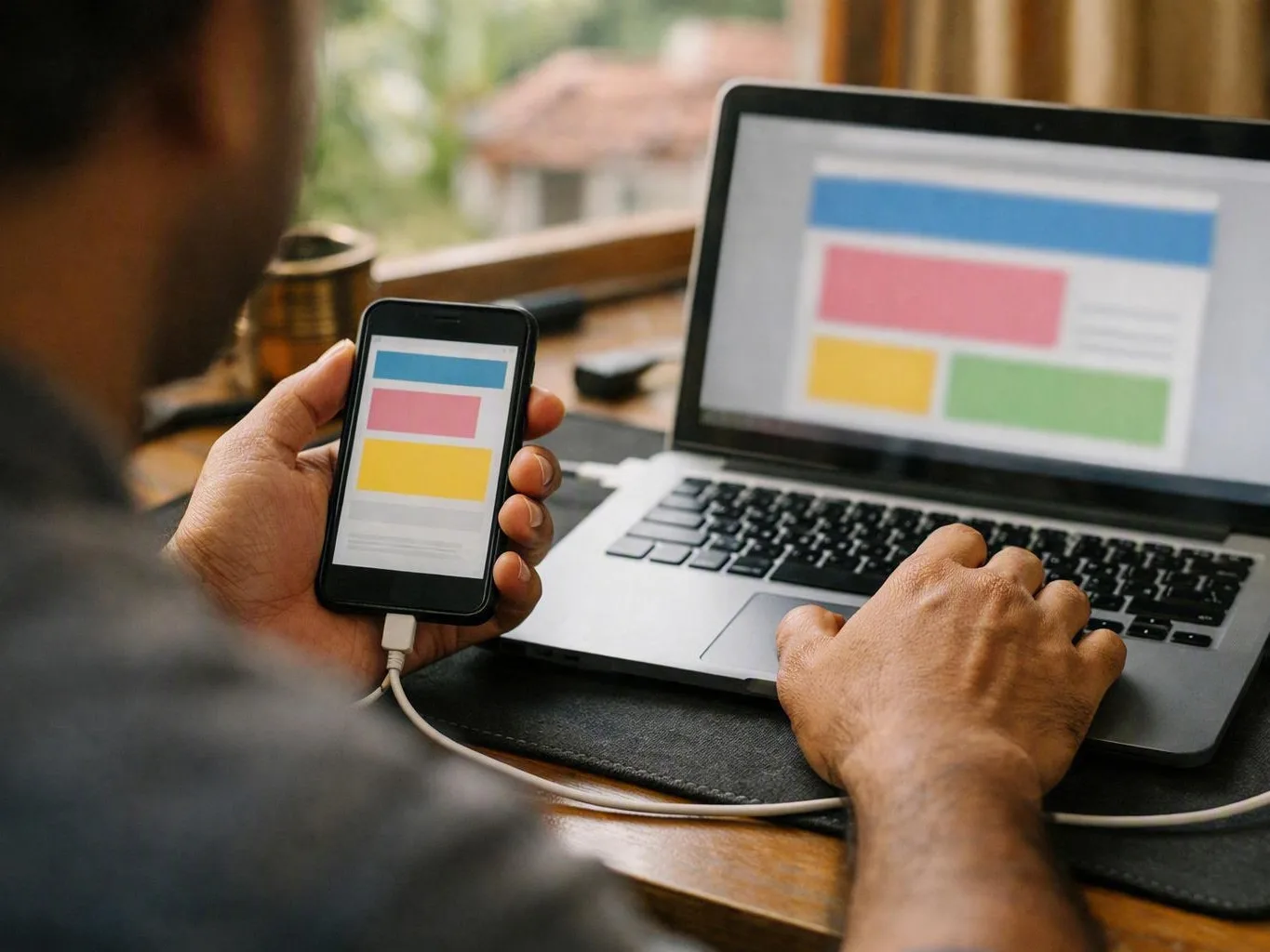 Person holding a smartphone beside a laptop displaying colorful website wireframe blocks