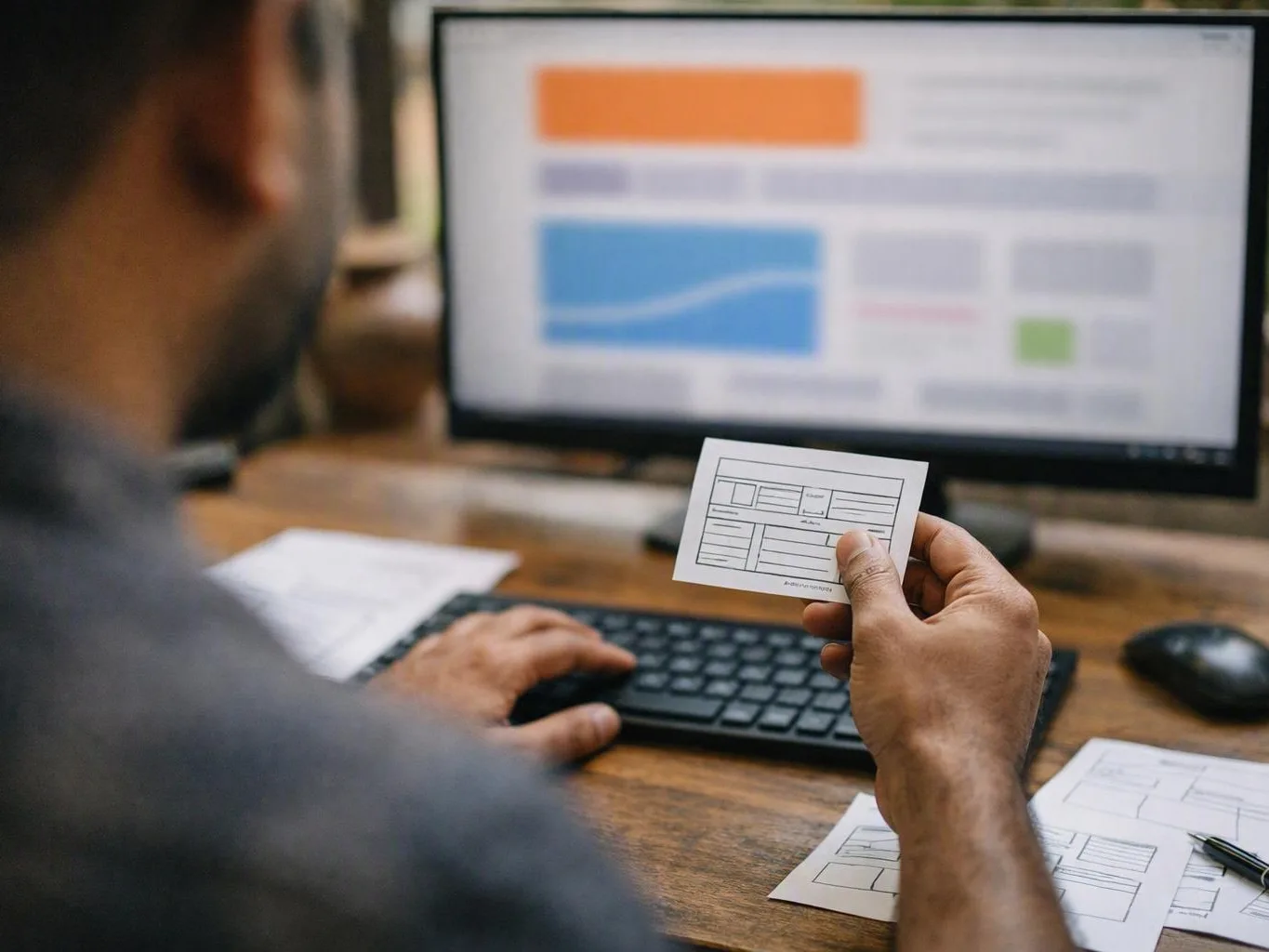 Person examines a paper website wireframe card at a desk beside a blurred
