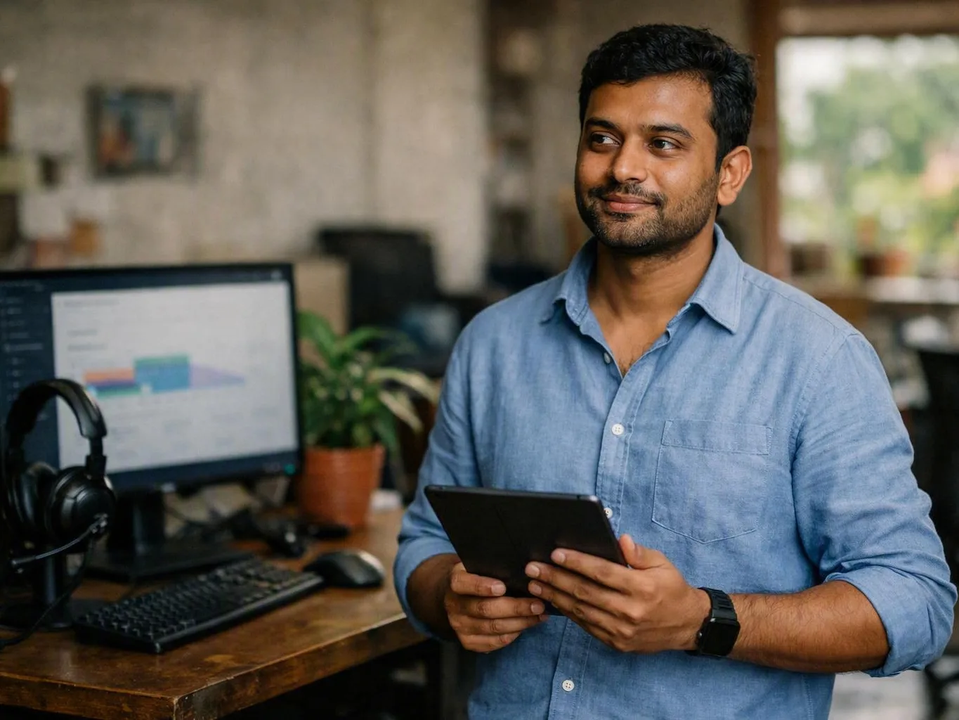Man in blue shirt holding a tablet beside a desktop monitor and office desk